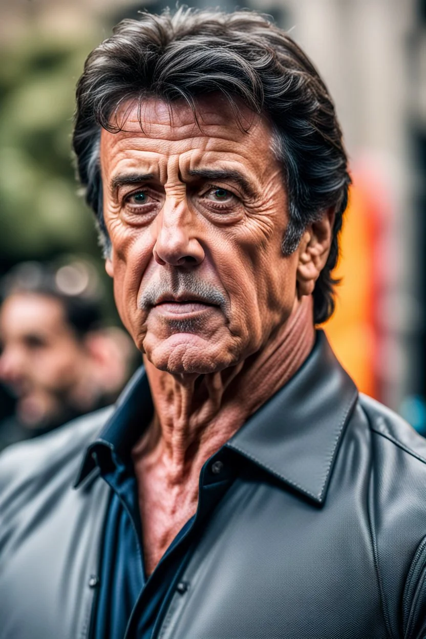 sylvester stallone, Photographed with Canon EOS R5, 50mm lens, depth of field, shutter speed 1/1000, f/2.8, white balance, 6000k. High resolution, realistic details, HDR effects, film grain, 4K