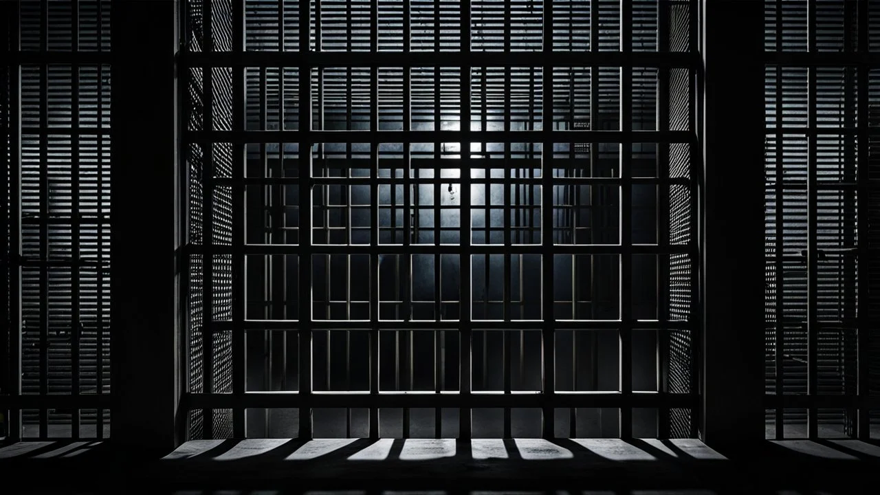 close up parallel prison window bars in foreground, hidden dark human face partially visible through the window bars, pale light, dark prison cell behind them,, shadows in background, ultra realistic, dark atmosphere, high contrast shadows, dark vibe