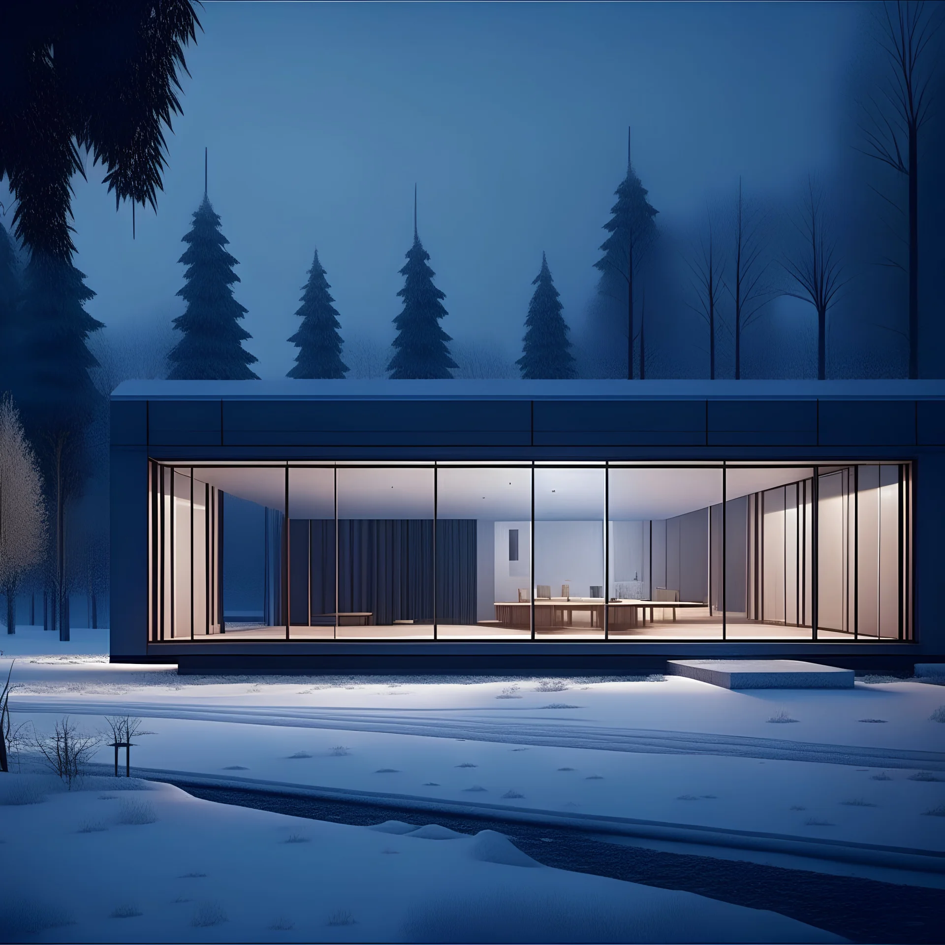 analog film style - small front elevation of a centered minimal house squared off and entered in a landscape at night lit by ambient twilight. The house is dimly cool lit from the inside, casting a soft glow on the fresh snow around it. The background features tall, icy trees shrouded in a gentle twilight, with subtle hints of snow falling silently. The scene is quiet and still, evoking a sense of liminal isolation in the midst of a cold winter's evening.