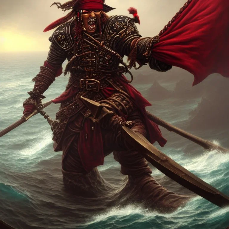 a pirate warrior in dark red full armor, on his ship, holding a football, a highly detailed illustration, background of giant crashing ocean waves, realistic render, 8 k, micro detail, intricate, elegant, centered, digital painting, Artstation, smooth, sharp focus, illustration, artgerm, tomasz alen kopera, peter mohrbacher, donato giancola, joseph christian leyendecker, wlop, boris vallejo