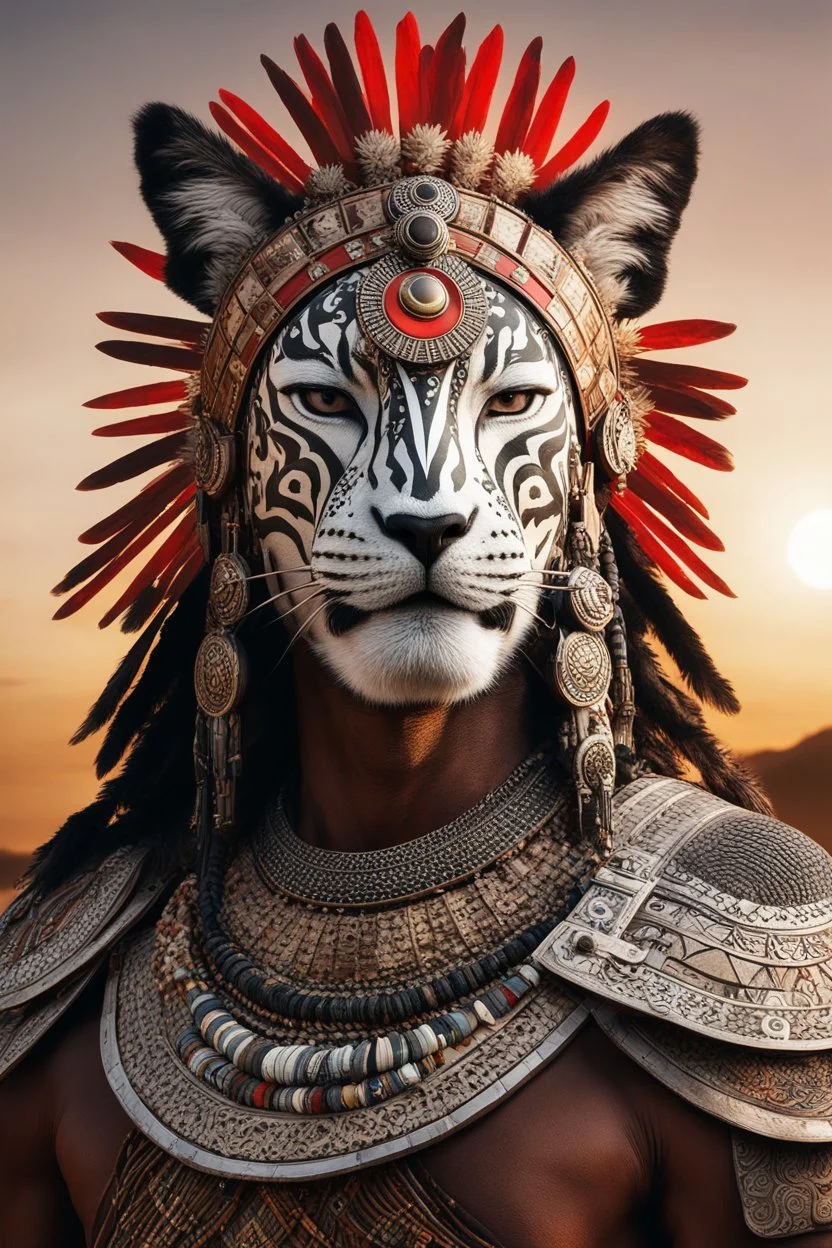 Striking portrait of Nantli warrior as anthropomorphic puma, adorned with intricately designed traditional armor and headdress. His face, painted with black and white patterns, radiates a fierce and determined expression. A red sun adorns his headdress, symbolizing strength and power. The background, a vast, golden desert landscape, with a sun setting behind some rocky outcrops. 8k