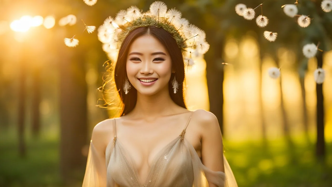 A gorgeous smiling Asian model in a fairy outfit in a wood with ancient trees dandelion seeds in the air at sunset