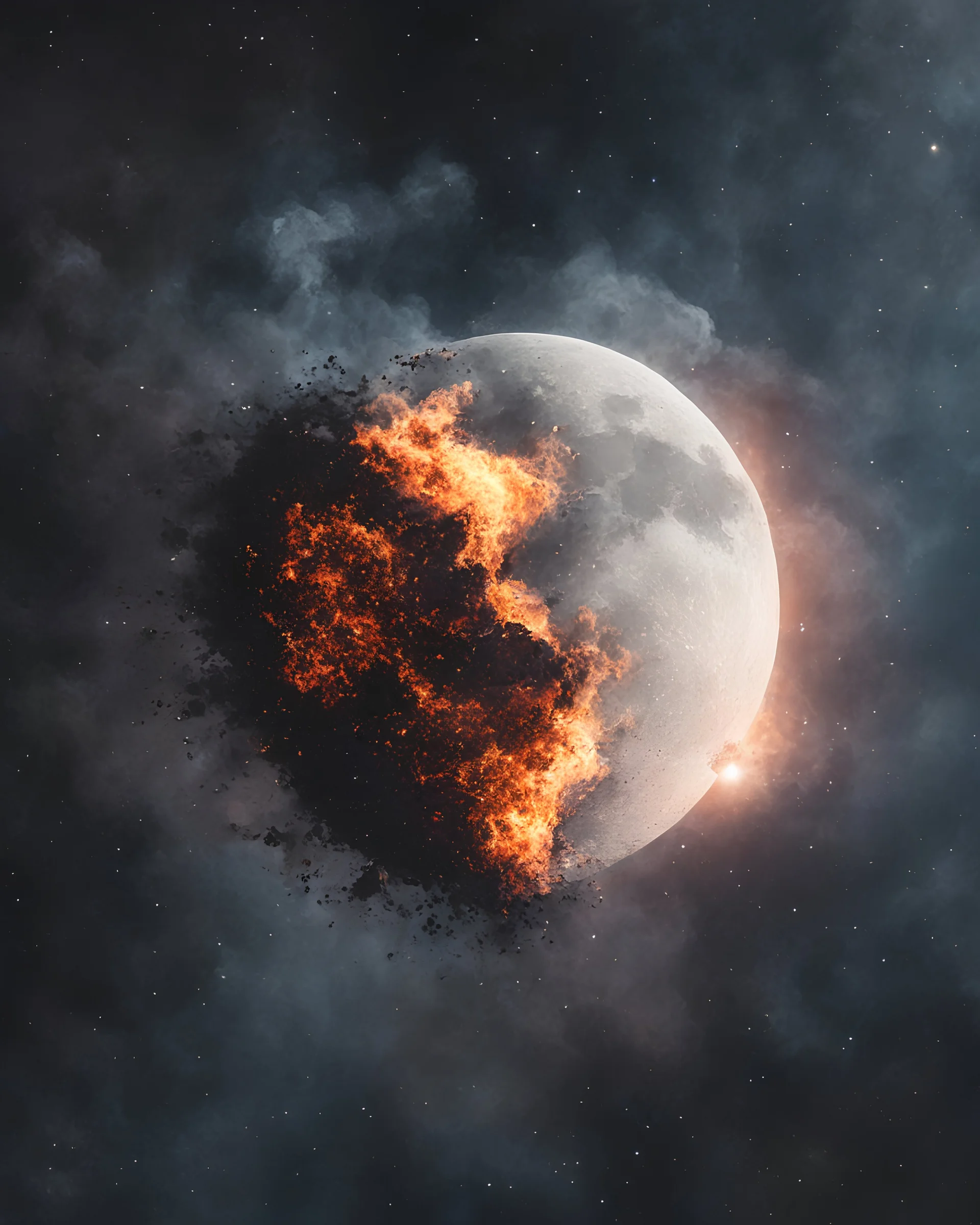 Moon, biological heart, cinematic, {abstract}, depression, space background, atmospheric, fire, DLSR, soft focus, dispersion