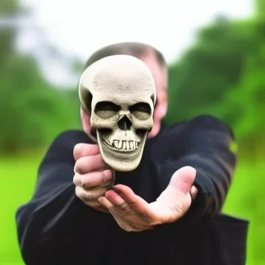 man in black holding a skull in one hand