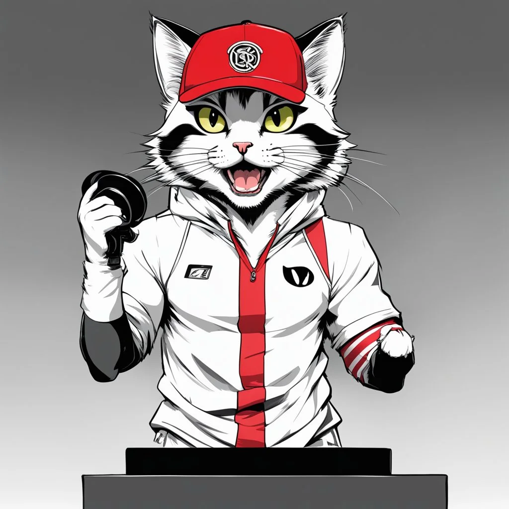 a drawing of a manga cat man with a sports cap and shirt, speaking at a (((lectern))) with a microphone, red, white and black colors, cat white and black colors, microphone in one hand, cat asking