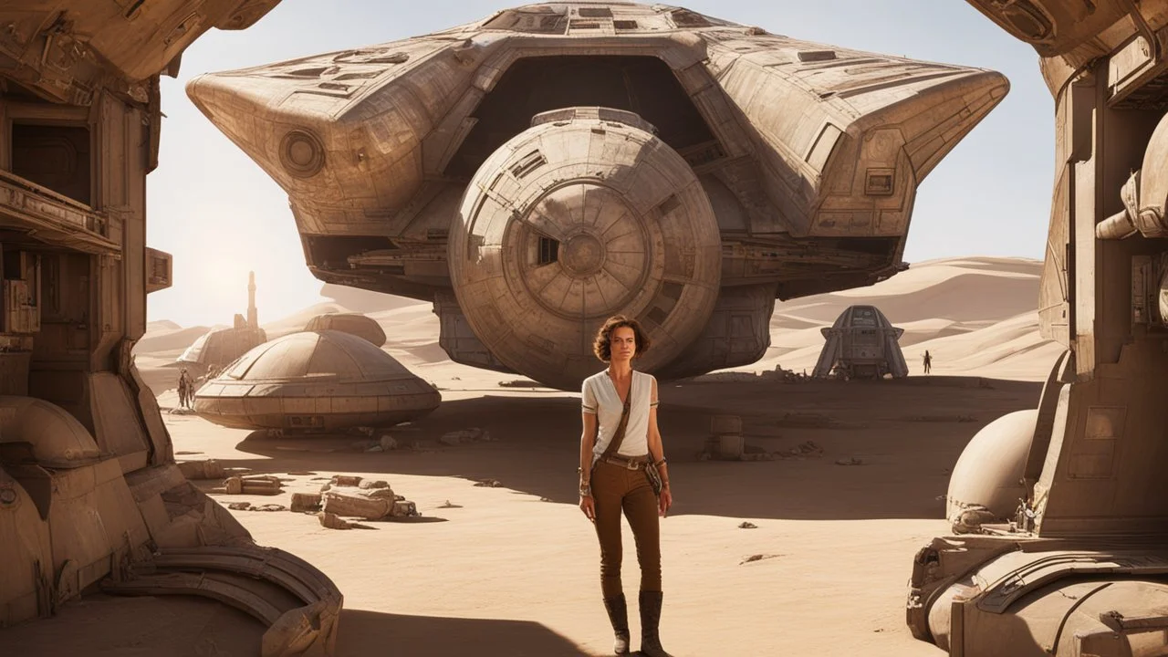 50-year-old woman in brown shorts, a shirt, and boots, standing next to a large Star Wars cargo spaceship, in an alien derelict town
