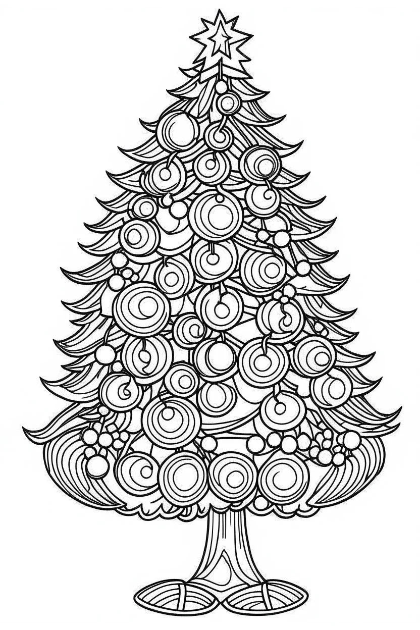 coloring page for kids, , cartoon style, thick outline, low details, no shading, no color, Decorated Christmas tree with ornaments.