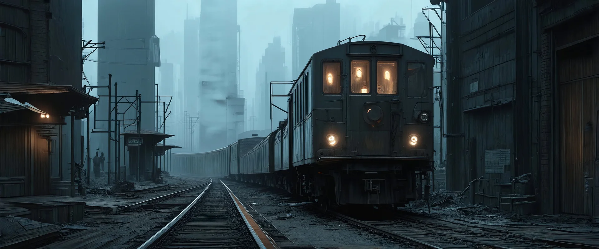 concept art, huge cityscape steampunk, long train, old station, dirty, fog, Simon Stålenhag best artwork