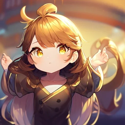 Clear focus, High resolution,a anime kid, roughline skecth, cute, cartoony style, brown long hair, yellow eyes, 1 yellow streak in hair, Half Chibi