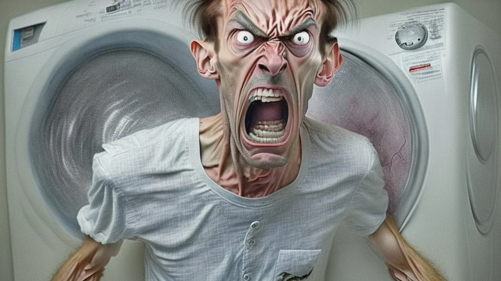 very skinny angry man unable to move damaged dryer