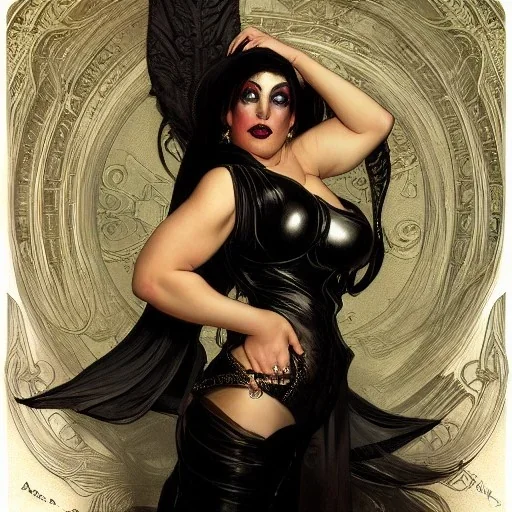 painted portrait of evil witch in black leather, angry, strong, volouptous, chesty, cleavage, intricate, elegant, highly detailed, digital painting, artstation, concept art, smooth, sharp focus, illustration, art by gaston bussiere and alphonse mucha