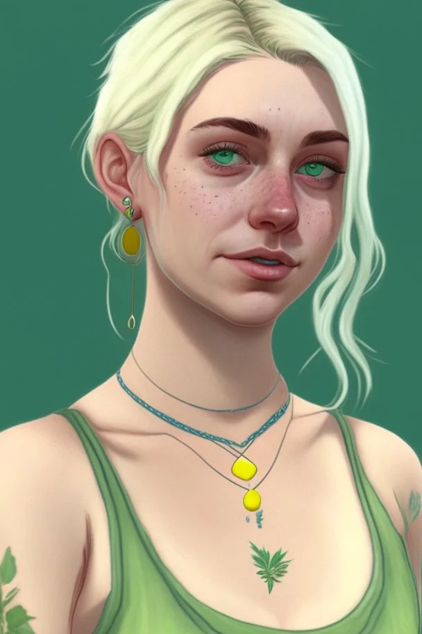 Realistic young woman, neck length white blonde hair in a half ponytail, pale skin, light blue-grey eyes, freckles, big boobs, big green earrings, green and gold necklace, green tank-top with blue overalls on top, grey plant tattoo on arm