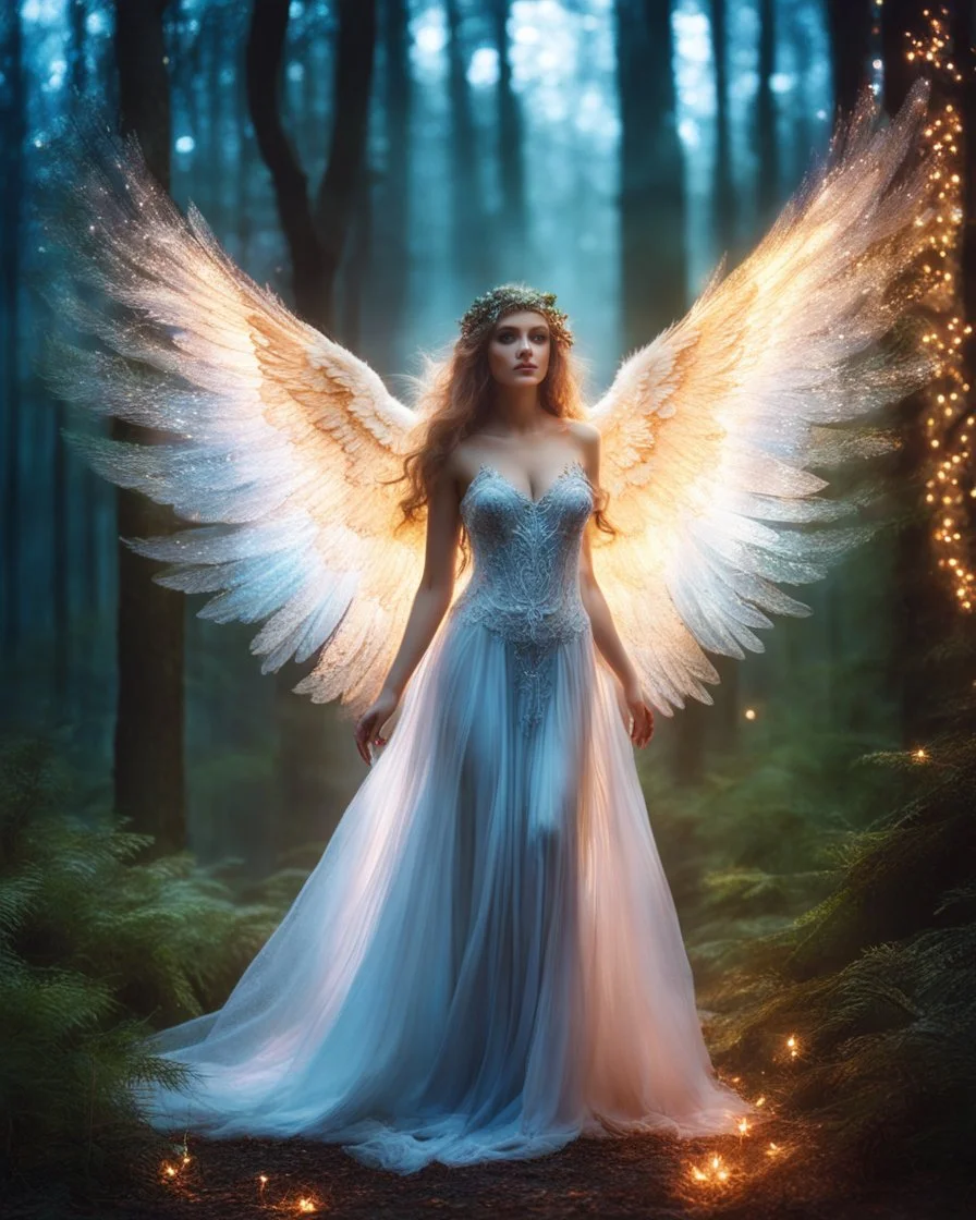 Beautiful Angel in Magical Forest full of lights colors, Photography Art Photoshoot Art Cinematic Soft Blur Colors - Dramatic Pose