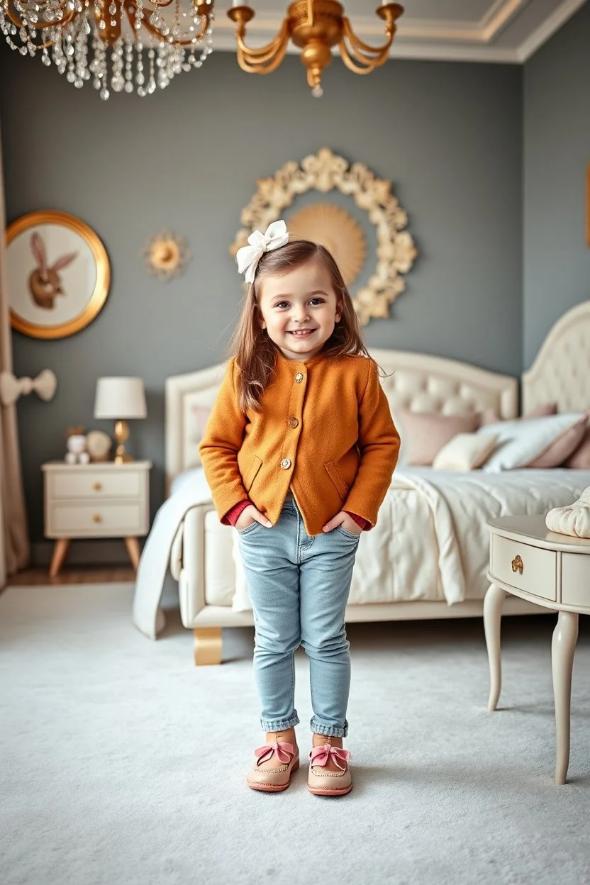 a 4 years old azeri girl in modern clothing and makeup standing pose with cute and joy with pertty shoes in a very large luxury baby bedroom