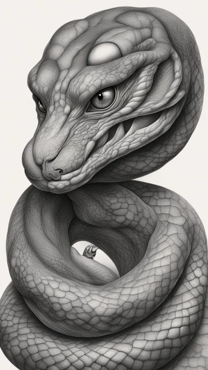 G𝙋𝙧𝙤𝙢𝙥𝙩 highly detailed graphite illustration, A surreal snake figure with exaggerated anatomical features, heavily wrinkled skin, and an intense, contemplative expression., thick eyebrows, merge into swirling abstract shapes. Large, one covering the mouth and the other gripping the forehead tensely. Mysterious, introspective, dreamlike, somewhat dark fantasy. #𝙙𝙧𝙚art #prompt