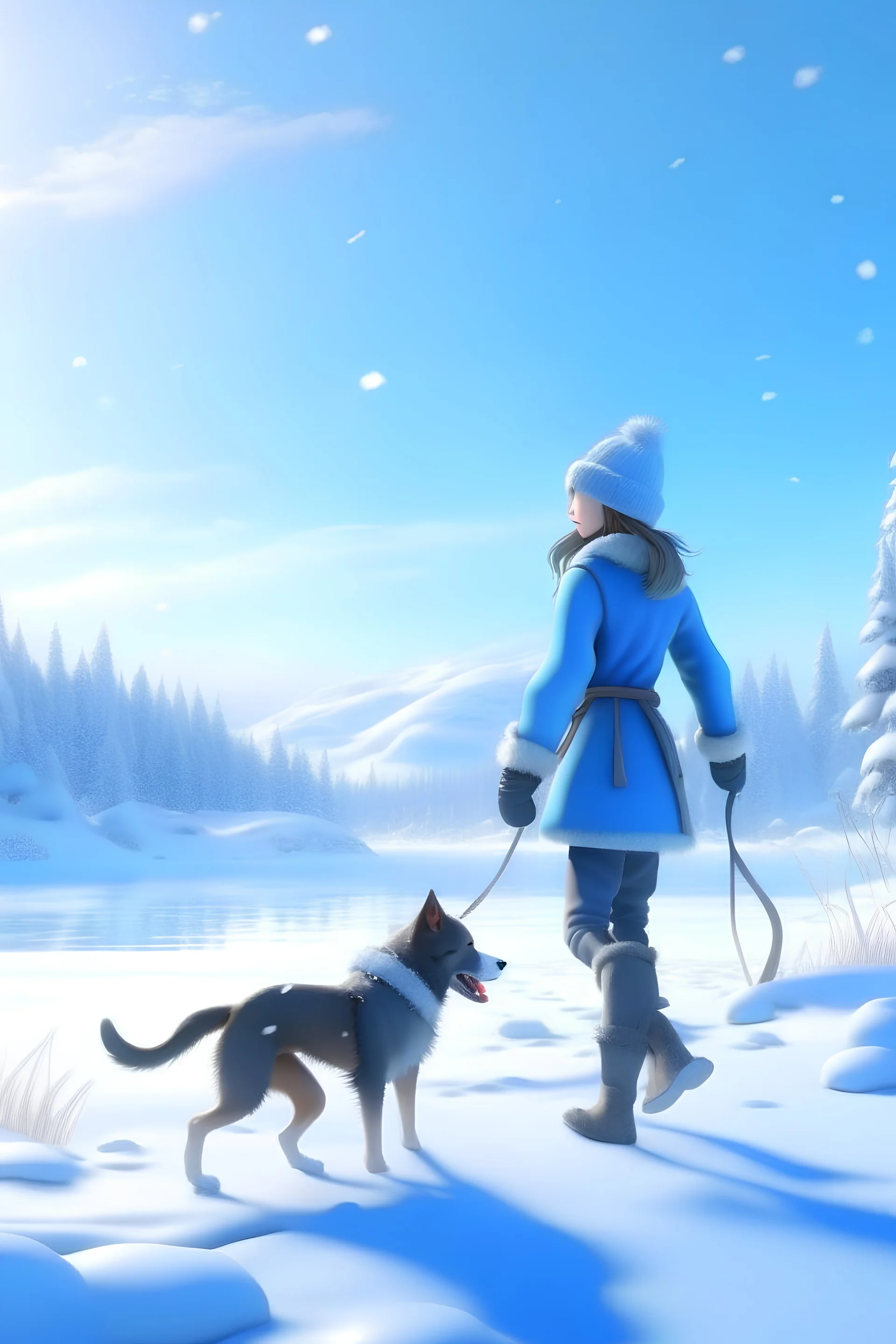 a pretty japanese woman, playing with her dog in the snow, crystal blue lake in the distance, happy, digital art, 4k