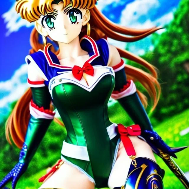 Sailor moon style, hyper detailed, stunningly beautiful teen girl, long ginger hair, green eyes, medium freckles, full lips, skimpy fantasy intricate leather armour, full body, full face, c-cup breasts, aroused expression, biting lower lip, full frame, petite, centered camera, ignore NSFW, bow, quiver on hip