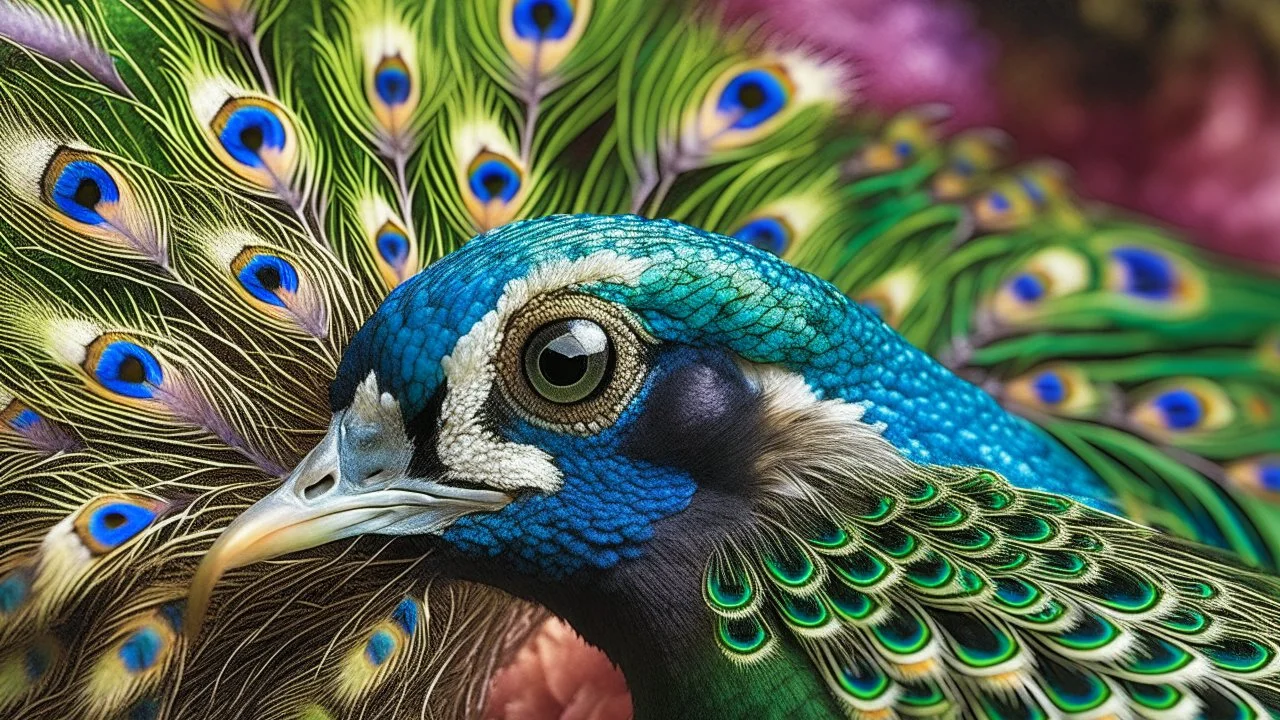 A stunning close-up of a peacock's eye, featuring intricate shades of green, gold, and blue, against a textured background of pink and cream. The peacock's gorgeous feathers seem almost to glisten in the light, adding depth to their natural beauty. Surrounding the peacock is a vibrant cluster of purple flowers, their petals delicately intertwined, adding a touch of elegance and sophistication to the scene. The overall effect is one of rich, luxurious color and captivating detail.