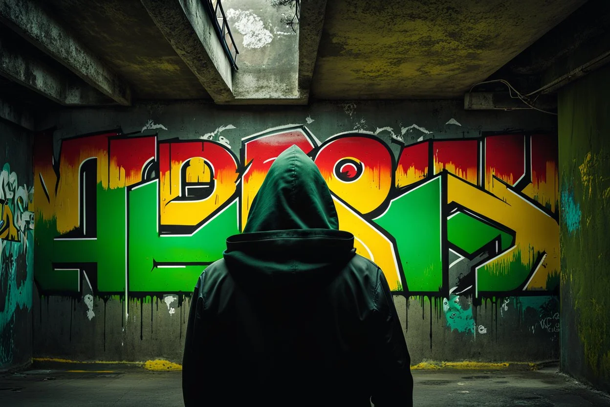 cyberpunk young man siluette in a black hood painted on concrete wall of underpass paints a complicated colorful uppercase graffiti text text word "WINTERMUTE", street art, graffiti green-yellow-black triotone, wall painted matte black and yellow and deep red, semi-front view, low angle, daylight, cinematic, dramatic