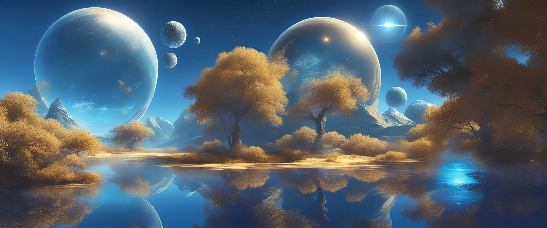 futuristic landscape, uninhabited planet, shiny transparent domes, several suns, magnificent blue light, magnificent trees and nature, blue river and gold flowers over there with many stars bright, spatial vessel in the blue sky