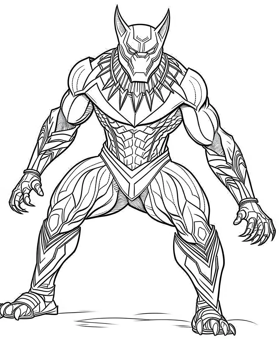 Avengers Black Panther, coloring page, no leaves, full body (((((white background))))), only use an outline., real style, line art, white color, clean line art, white background, Sketch style