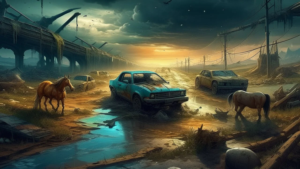 Carretera destruida cubierta de agua donde emergen coches antiguos semihundidos, un caballo salvaje camina entre ellos bajo un cielo tormentoso, escena épica de mundo colapsado, pintura digital estilo cine postapocalíptico