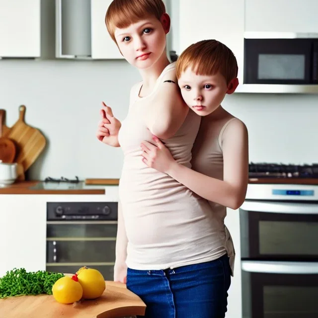 Realistic photo Russian shorthair beautiful tomboy boyish boylike young mother wide hips in kitchen