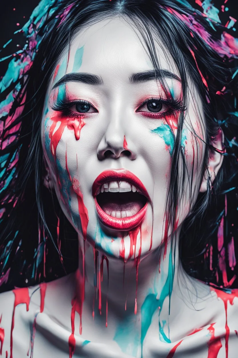 paper portrait of Goth Asian woman, lying pose, face distorted with pain, reverse colors, screaming, tears streaming from eyes, glitchcore, horror, ultra realist texture,