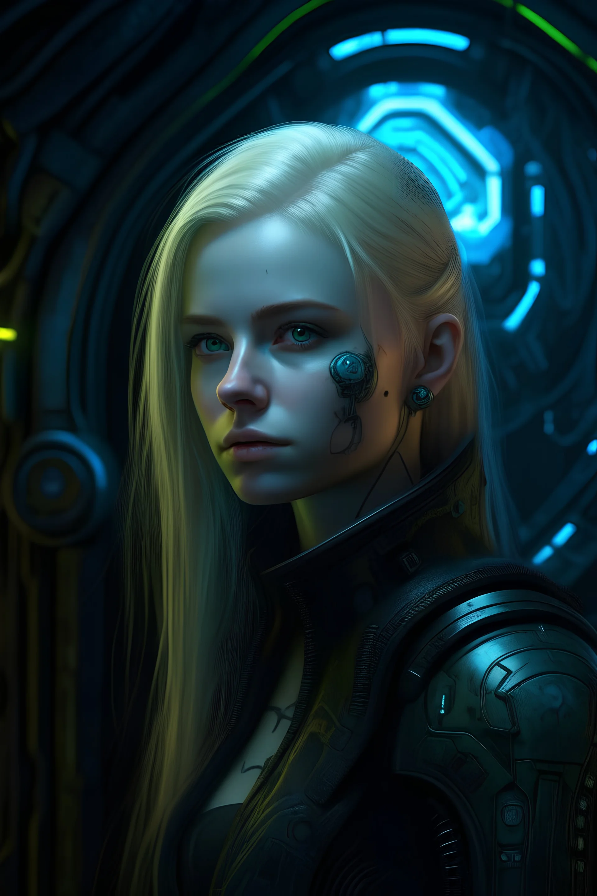 hyper real oil painting on canvass of blonde pierced cyberpunk Malkavian vampire chat robot portrait with clear blue-green eyes in moon light feeling in control in goth ruins Giger patterned background, zeiss prime lens, bokeh like f/0.8, tilt-shift lens 8k, high detail, smooth render, down-light, unreal engine, prize winning