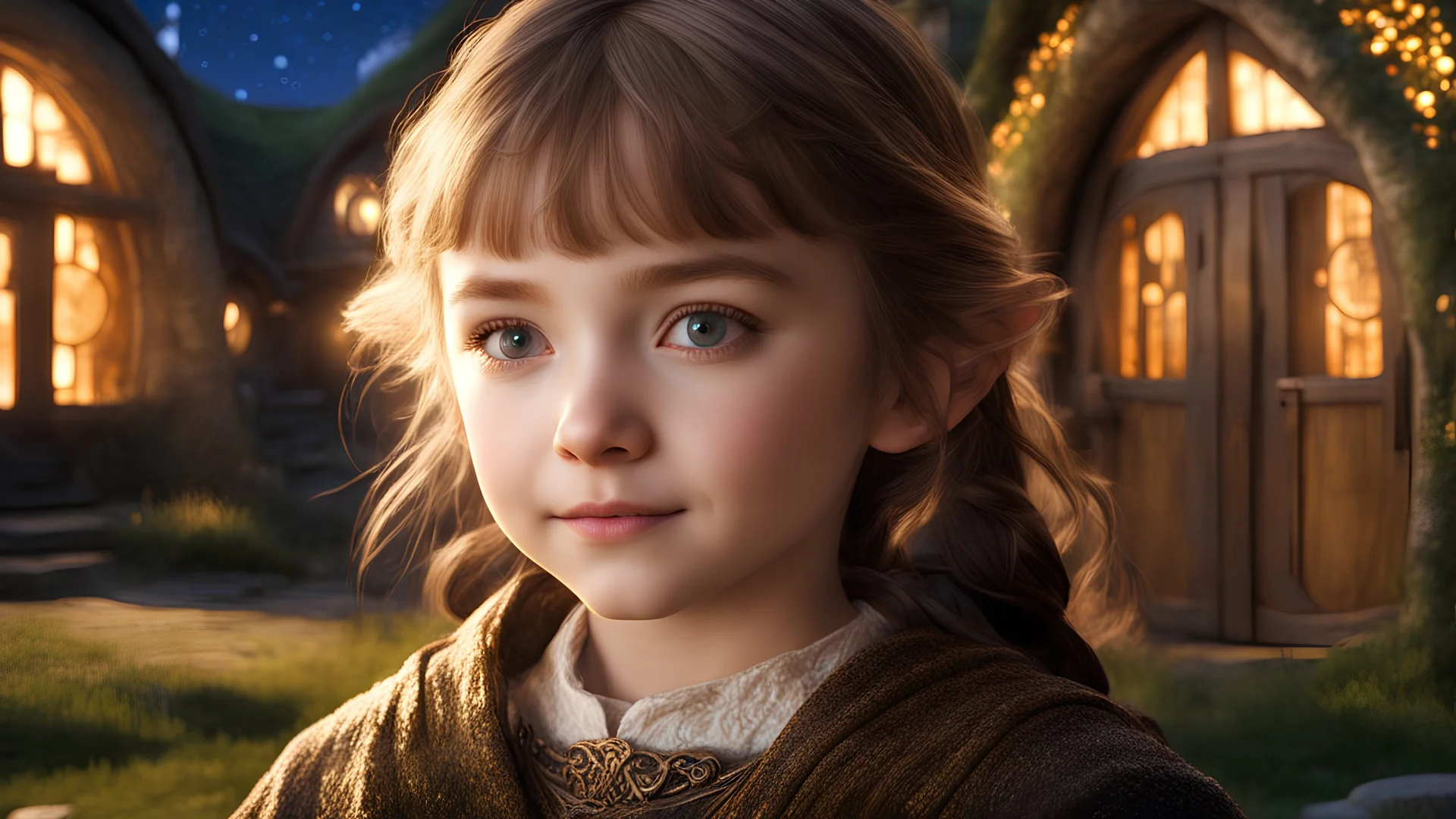 young little hobbit girl, pretty, gentle, peaceful, confident, calm, wise, happy, facing camera, head and shoulders, hobbit clothing, perfect eyes, exquisite composition, hobbit village with light from round windows of hobbit homes, night scene, stars, beautiful intricate insanely detailed octane render, 16k artistic photography, photorealistic concept art, soft natural volumetric cinematic perfect light, chiaroscuro, award-winning photograph, masterpiece, William-Adolphe Bouguereau