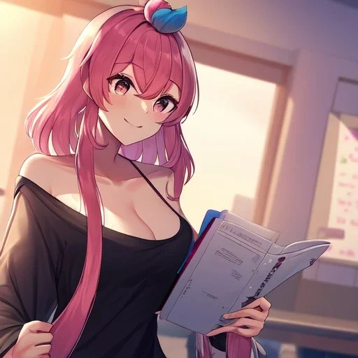 Clear focus, High resolution, a anime adult, cute, cartoony style, smiling, hair between eyes, holding a pencil, small forhead, female, medium length hair, long locks, lots of bangs, teacher, wearing a off shoulder shirt, no spaghetti straps, peach hair colour, kitsune ears down