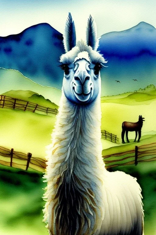 A happy llama stands in a pasture. Watercolour