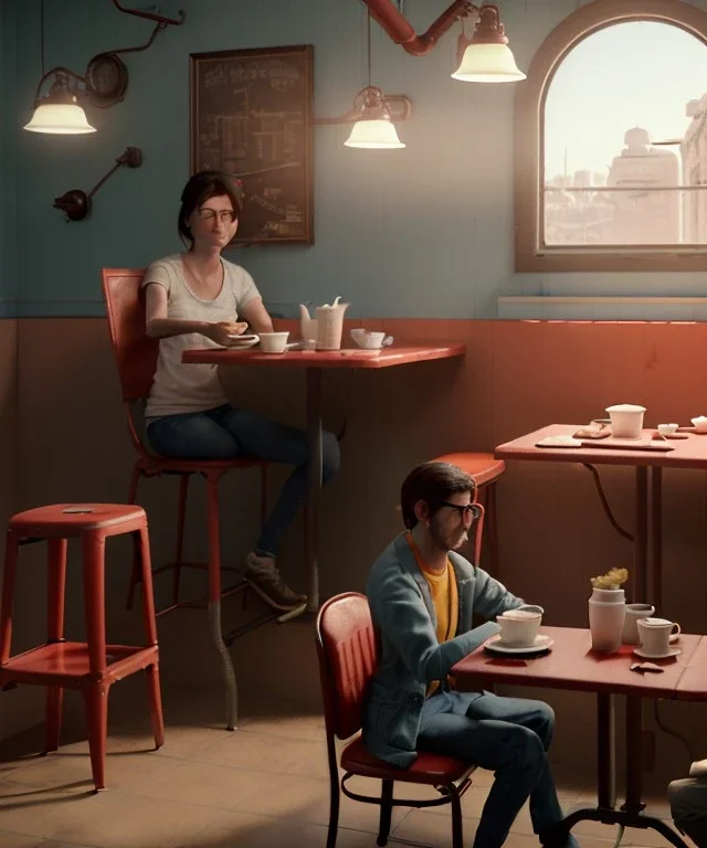 Realistic scene, American shot view, 0 gravity, levitating man and woman sitting in cafeteria and having breakfast, Wes Anderson, soft color, highly detailed, unreal engine 5, ray tracing, RTX, lumen lighting, ultra detail, volumetric lighting, 3d, finely drawn, high definition, high resolution.