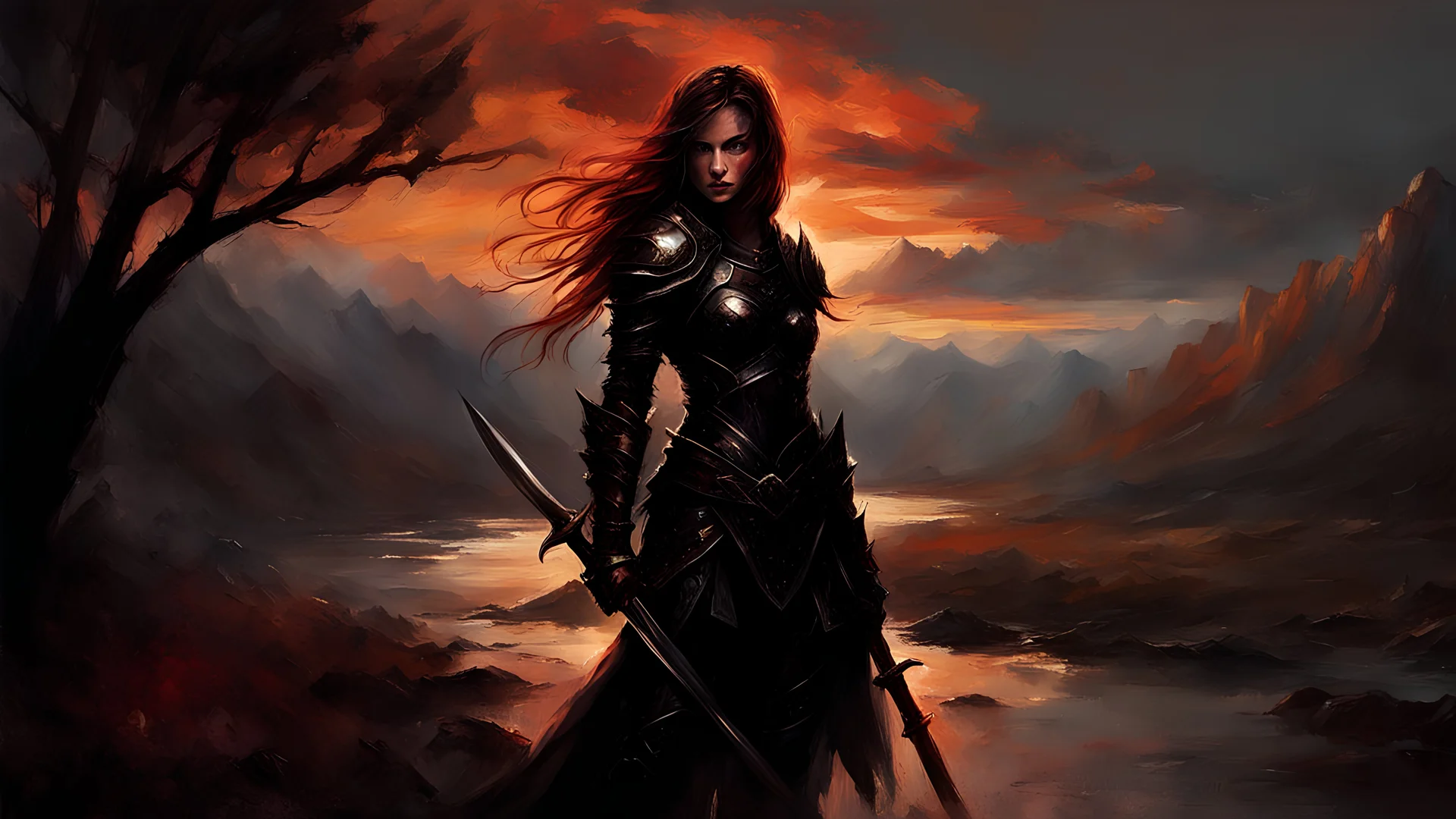 A formidable warrior girl in black armor, on the background Amazing gloomy landscape, flooded with sunset, mountains, trees, fabulous scary hero, , juicy emotions, painting, dark fantasy, gloomy day, dark world, portrait, by Alyssa Monks & Raymond Swanland & James Paick & Anna Razumovskaya