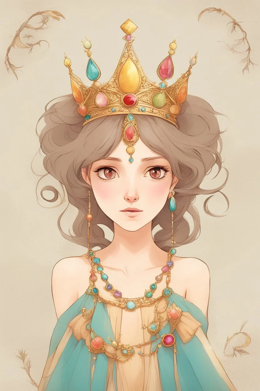 The spirited princess, known for her adventurous spirit. She would wear a vibrant and stylish dress, with a touch of playfulness. Her crown would be a dainty and whimsical circlet, adorned with colorful gemstones.