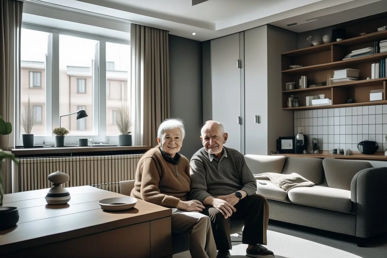 An elderly couple, modern apartment