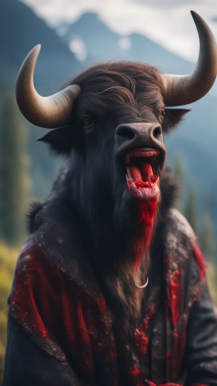 portrait of yodeling vampire in the Carpathian mountains sucking blood from a buffalo,bokeh like f/0.8, tilt-shift lens 8k, high detail, smooth render, down-light, unreal engine, prize winning