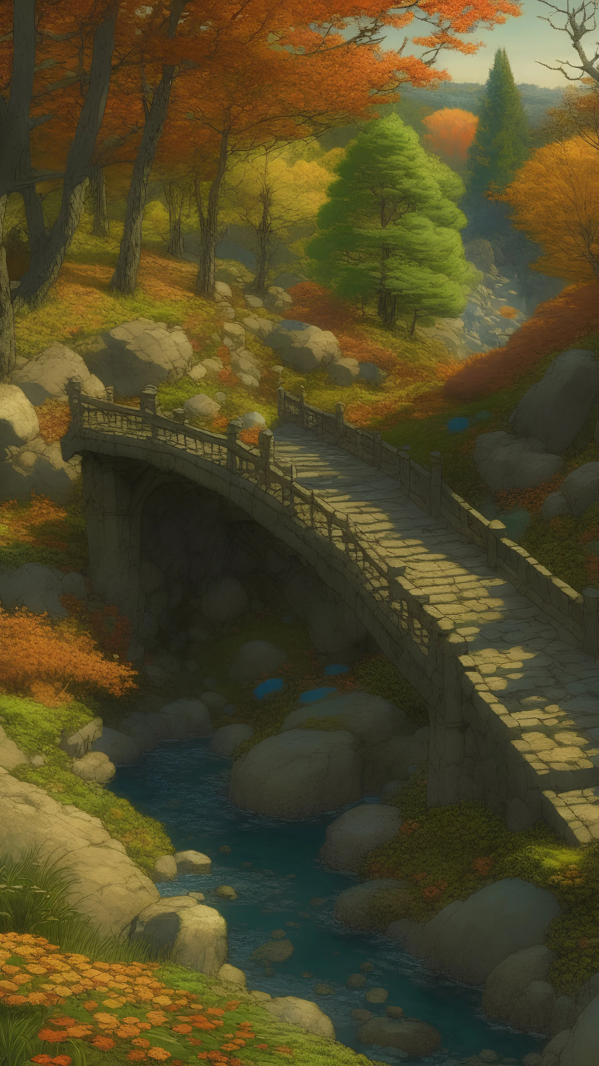 Stone bridges, paths, autumn trees, spring flowers, elegant patchwork paintings by Daniel Merriam, Arthur Rackham Modifier: 8K, 3D, Fantasy Intricate oil on canvas Film lighting Beautiful award-winning Imperial colors Ultra-detailed, ultra-clear, dramatic contrast Dark Edmund Durak Huang Guangjian Stained glass effect Benoit Sokal Feng Zhilin Sunlight and shadows