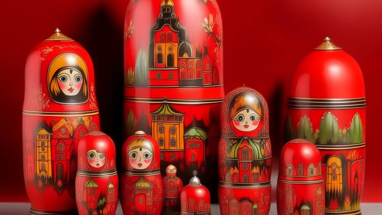 A red old western town covered in smoke designed in Matryoshka nesting dolls painted by Wassily Kandinsky