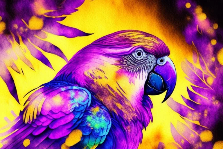 parrot-phoenix mix birds, a picture of togetherness, death, resurrection, purple in sunshine, watercolor and black ink outlines, sparkling golden glitter, ethereal, cinematic postprocessing, bokeh, dof