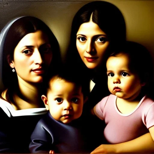 portrait of Jacobo Santiago Mozos born in 1976 and Gemma Arnau Arnau born in 1979,and daughters Eira Santiago Arnau and Dalia Santiago Arnau by Caravaggio,smiling, oil on canvas, cinematic composition, extreme detail,8k,fit full head inside picture,