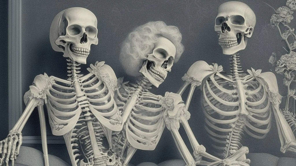 Skeleton Couple Posing Suggestively In Vintage 1940s Hollywood Grandeur