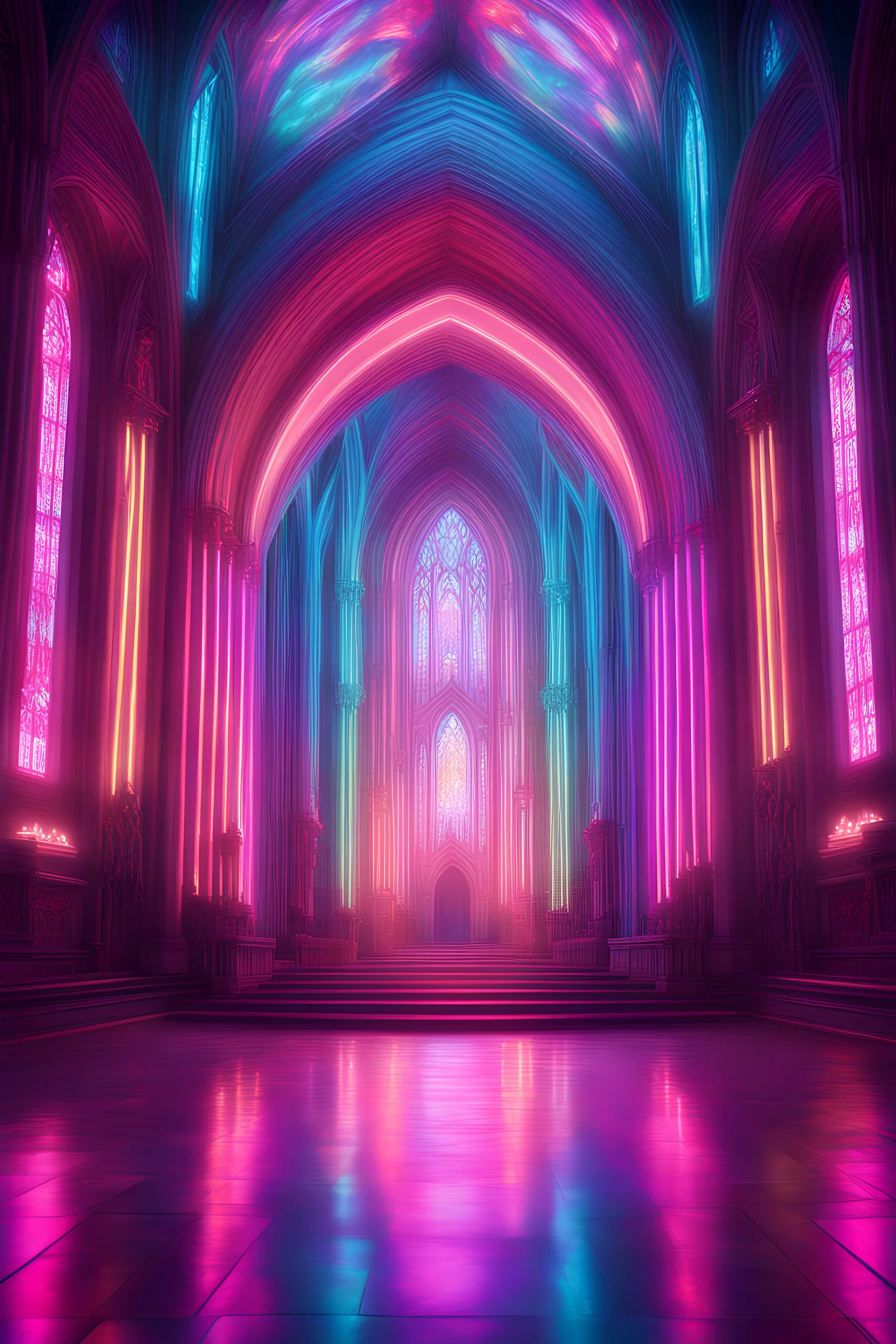 a look from the inside of a whimsical holographic furry neon bright cathedral, hyper realism, photo realism, realistic lighting, realistic color grading