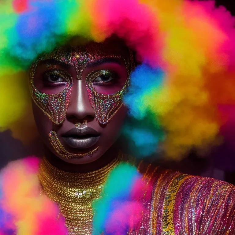 full body shot, masterpiece, best quality, man of median age, black skinned, sparkling eyes, fluorescent skin, colorful makeup, afro, highly detailed body, afrofuturism, scifi, sun light, 4K, RAW, depth of field, high contrast, realistic details, 24mm