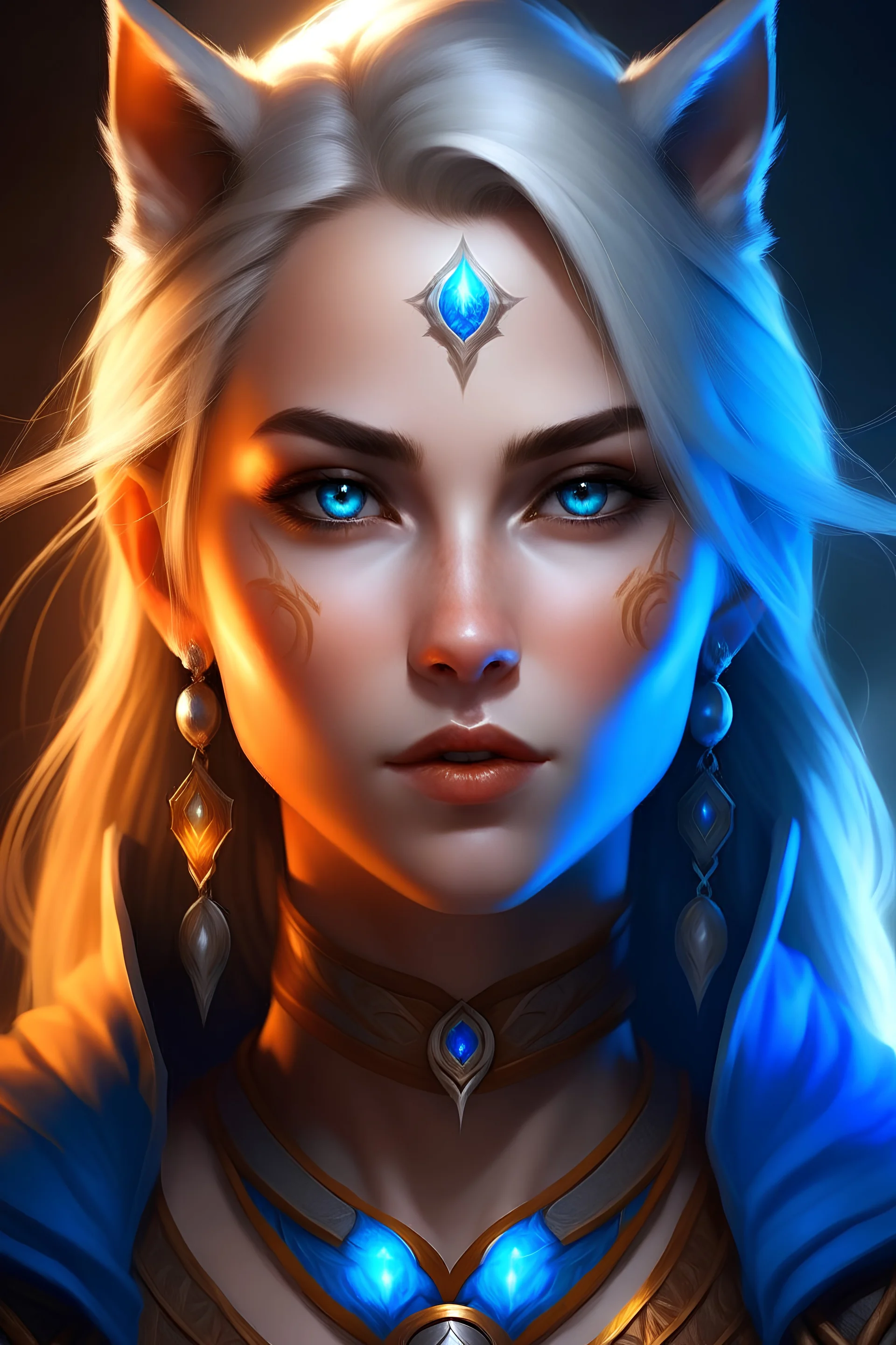 Generate a dungeons and dragons character portrait of the face of a female cleric of selune. Half High Elf blessed by the goddess Selune. She has an auburn wolf cut and piercing blue eyes and is surrounded by holy light