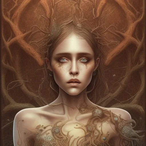 watercolor illustration ,singer Danish MØ, intricate detail , rusty metal, Dryad, sidhe, ominous, portrait,high lighting,