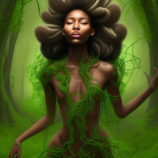 Painting .the face of A young black woman. A wood nymph emerging from the forest. Her hair looks like vines. Dreadlocs. Her skin is the colour of dark soil. Her skin looks like tree bark. Her clothing is made of vines, grass and leaves.