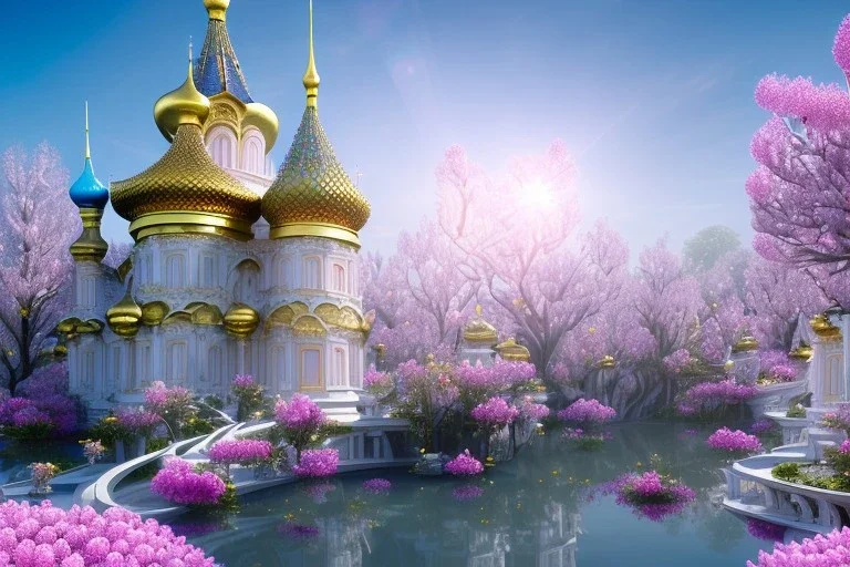 a magical crystal flower lotus magnolia lys bougainvillier, blue gold house +++russian palace castle in the woods, magnolias pink,blue lake,sun,white swanns,pink vertical, blue lake,sharp, vines, candlelit, endor, ornate, elegant, highly detailed, artstation, concept art, smooth, sharp focus, illustration, 8k, splash art, wallpaper, key visual