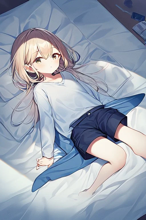 laying on bed wearing small pajama shirt and shorts