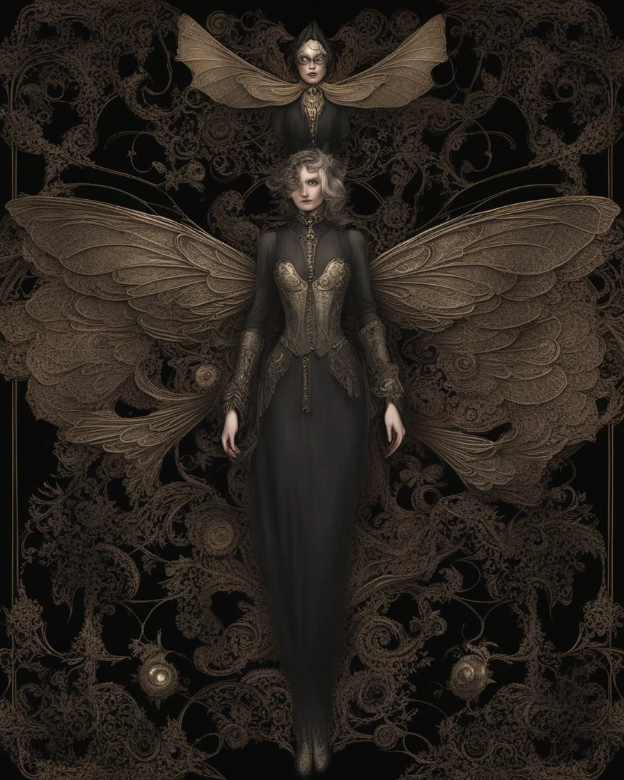 gothic, steampunk delicate metal woman, moth, wings, black background